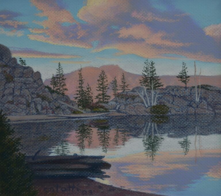 “Alpenglow on Silver Peak from Upper Kinney Lake”    pastel    8″x9″  2003   $550