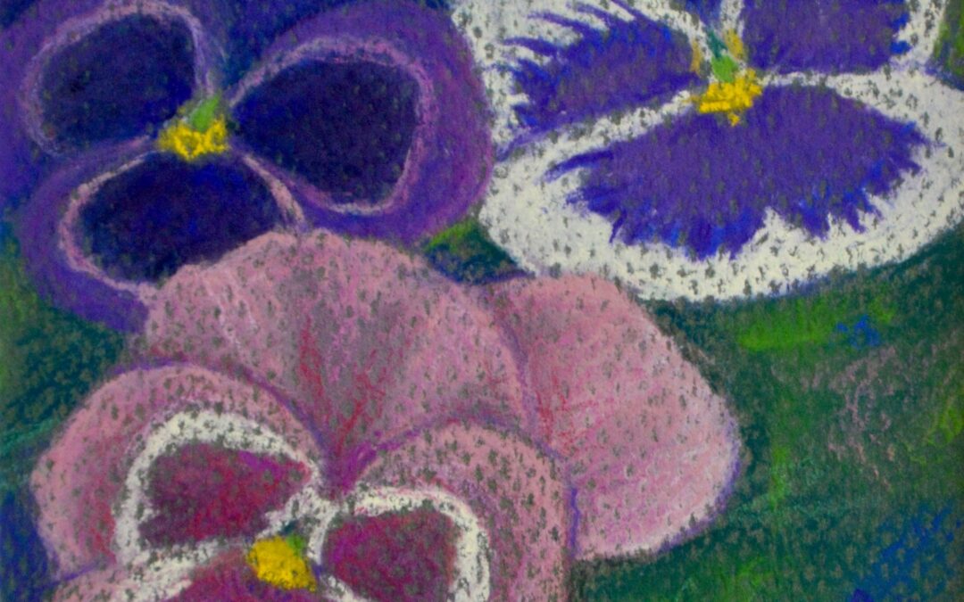 “Pink and Purple Pansies”  pastel   6″x4″  2023  $350