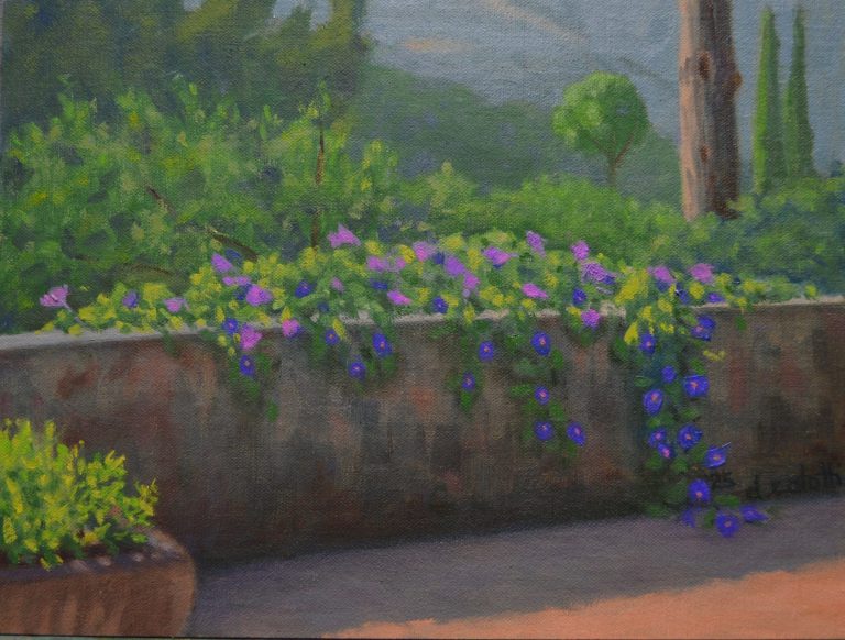 “Morning Glories at Miravel” oil 9″x12″ 2025 $800